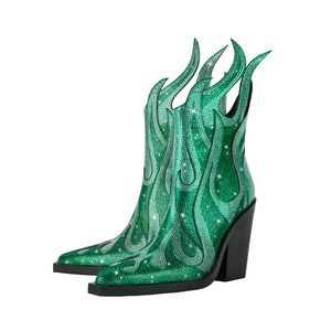 Nieuwe Dames Strass Vlam Enkellaarsjes Elegante Hoge Hakken Western Cowboy Boten Feestjurk Designer Schoenen Grote Maat 42 43 voor meisjes Feestschoenen