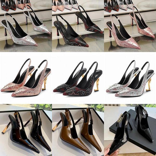 Nuevas sandalias para mujer, zapatillas de diseñador superior, zapatos de plataforma con hebilla con cordones, diamantes de imitación de lujo, tacones altos puntiagudos, cadena de diamantes, zapatos casuales, zapatos de banquete brillantes de moda