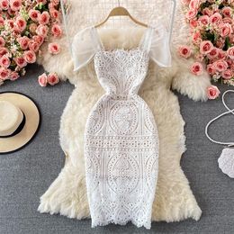 Nouveau femmes sexy gaze bouffée à manches courtes évider crochet dentelle florale moulante tunique robe crayon SMLXL2144