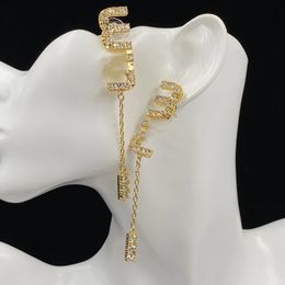 Nieuw eenvoudig en sfeervol hangerontwerp voor dames, luxe oorbellen, designer kristallen gouden en zilveren dubbele M-letter sieraden, klassiek