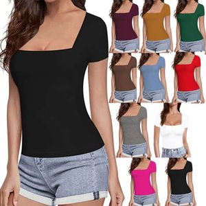 Nieuwe dames slanke fit solide kleur korte mouwen zomers vierkante nek casual t-shirt voor vrouwen