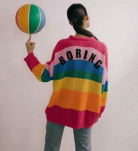 Nieuwe damesveer en herfstbrei trendy regenboog kleurrijke strips contrasteren zoete vest sweater losse knoopjas