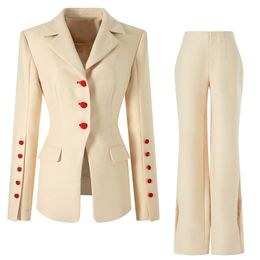 Nouveaux costumes de femmes Blazers Ensembles deux pièces Blazer Pantalon Beige Femmes Office Single Poit Red Bouton Saisie personnalisée Pantans de pantalons formels 230320