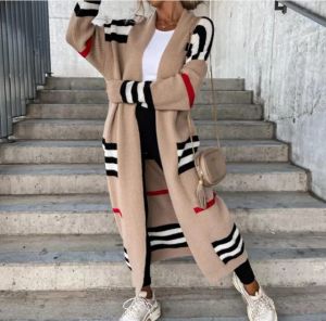 Nouveau Pulls pour femmes 2023 Automne Hiver Mode Tricoté Cardigan Femmes Élégant Rayé Patchwork Lâche Longue Survêtement Casual À Manches Longues Pull Manteau