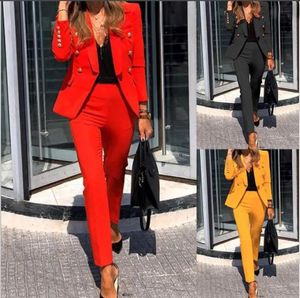 Nouveau pantalon pour deux pièces pour femmes Blazer Sett Couleur solide Fausse poches Poches Boutons de revers à deux pièces Veste Robe crayon Mariage