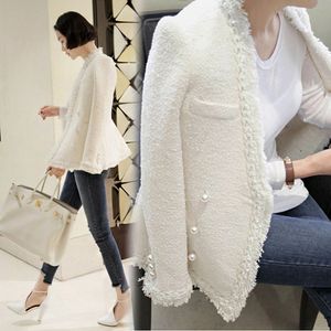 Nouveau femmes col en v perles boutons double boutonnage gland tweed laine couleur blanche mince taille manteau grande taille XSSMLXL242y
