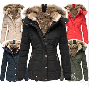Vestes chaudes en coton épais pour femmes, avec col en fourrure, capuche, fermeture éclair, manteau Long et Slim en coton, hiver, grande taille 5XL