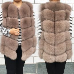 Nouvelles femmes d'hiver réel manteau de fourrure de haute qualité naturel fourrure de renard gilet mode luxueux chaud sans manches boucle foncé veste 201111