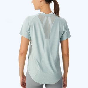 Nova camiseta de yoga feminina roupas de verão fitness respirável secagem rápida fio oco yoga manga curta topo