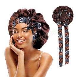 Nieuwe Vrouwen Satijn Afrikaanse Print Slaaphoed Nachtslaap Cap voor Vrouwen Douche Caps Slapen Haar Mutsen Verstelbare Cap Head Cover