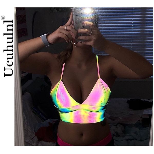 Nouveau Femmes Sexy Réfléchissant Crop Top Sangle Profonde Col En V Court Camisole 2021 Mode Été Femmes Filles Soirée Sexy Vêtements X0507