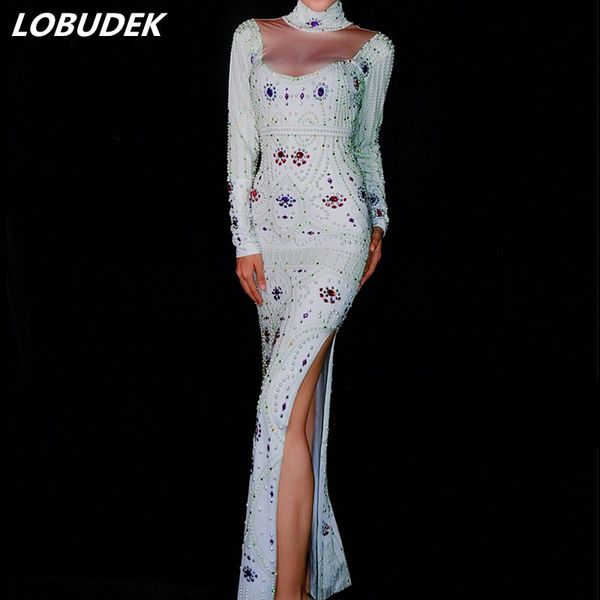 Nouvelles femmes Sexy blanc perle coloré strass maigre longue robe tenue de luxe robes de soirée de bal chanteur discothèque Catwalk scène Costume