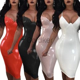 Nouvelles femmes Solid Sling Zipper Slit Hem Dr Latex Sexy Lingerie PU Patent Leather Bodyc Bodyc Jumpsuit Nightclub Party Dres 53bu #