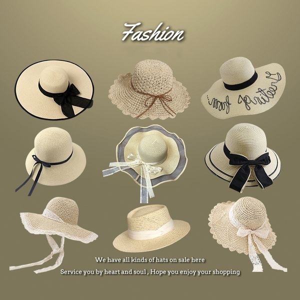 Nuevos sombreros de paja para mujer, sombreros de cubo con lazo de encaje, gorra con cordones, sombrero de playa para mujer, venta al por mayor