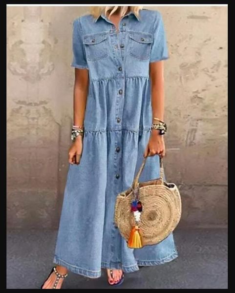 Nuevas mujeres Summer Autumn Denim Vestidos largos Botones Retro Pockets Jeans Dress Maxi Ladies Casual Pluz para ni￱as