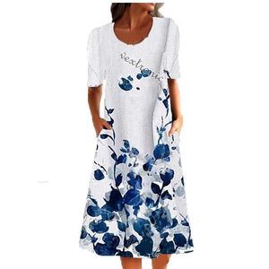Nieuwe vrouwen zomer mode korte mouw losse zakken bedrukte floral plus size casual feest veelzijdige jurk x0529