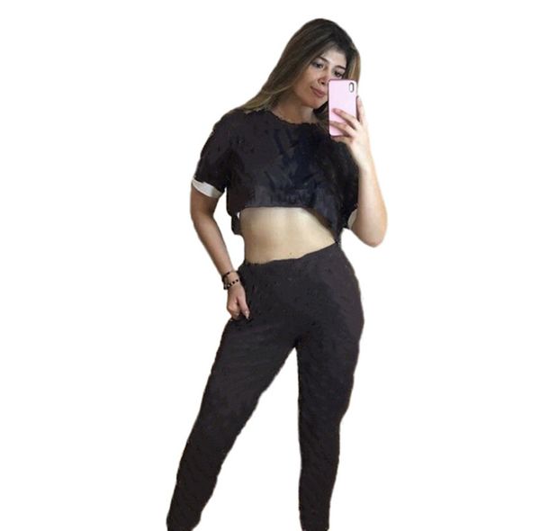 Nouveau costume de jogging d'été pour femmes tenues à manches courtes survêtements marron T-shirts haut court + pantalon ensemble deux pièces grande taille lettre survêtements vêtements de sport noir 4775