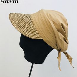 Nouveau Femmes Chapeau De Soleil Tissé Chapeau De Paille Visière Patchwork Respirant Coton Turban Chapeau Baseball Style D'été Cap Casual Street Beach Cap Y200602