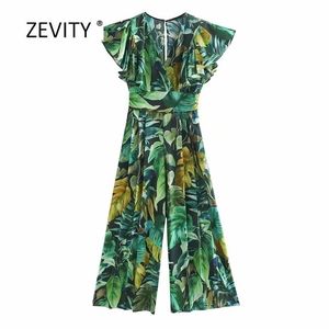 Nieuwe dames tropische groene bladeren print wide been broek siames rompers dames vlinder mouw jumpsuits casual broek p812 201007