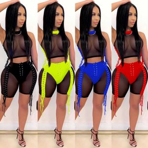 Femmes Tracksuits Shorts d'été Two Piece Ensemble De Designer Vêtements Mode Loisirs NightClub Perspective Ruban Bandage Mesh Outfits