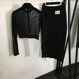 Новые женские комплекты из 2 предметов, тюлевые топы с длинными рукавами и юбка средней длины, женские черные комплекты из 2 предметов, костюмы для подиума OL GD1