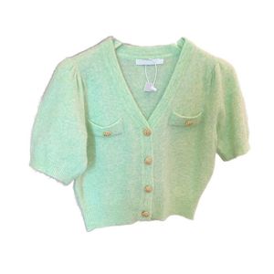 Nieuwe dames V-hals groene kleur mohair wol gebreide korte mouw met één borsten Desinger trui top plus size smlxl