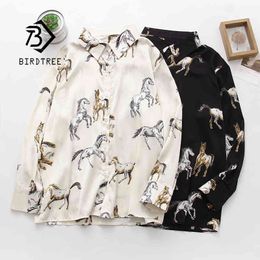 Nieuwe vrouwen vintage dieren paarden afdrukken satijnen blouse volle mouw knoop omhoog down collar shirt casual kantoor dame herfst tops t1 210430