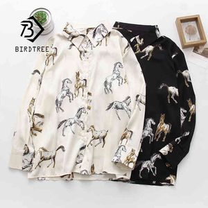 Nuevas mujeres Vintage Animal Caballo Estampado Satén Blusa Manga completa Botón Arriba Turn Down Collar Camisa Casual Oficina Señora Otoño Tops T1 210430