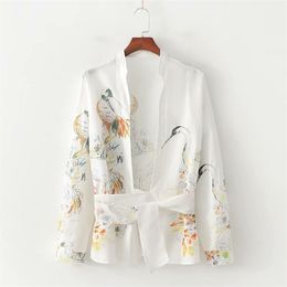 Nieuwe vrouwen Vintage Cross V Nek Printing Casual Kimono Blouse Belt Chic Shirt Retro Long Sleeve Femininas Blusas Tops T200321