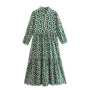 Nouveau femmes Vintage imprimé géométrique plis décontracté mince chemise mi-longue robe femme Chic plis volants une ligne Vestido
