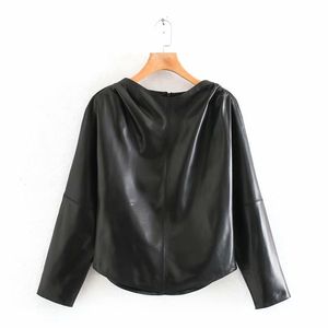 Nieuwe vrouwen Vintage PU Leather Casual Smock Blouse Office Lady Back Zipper Shirts Chic Pullover Chemise Femininas Tops LS6170 201201