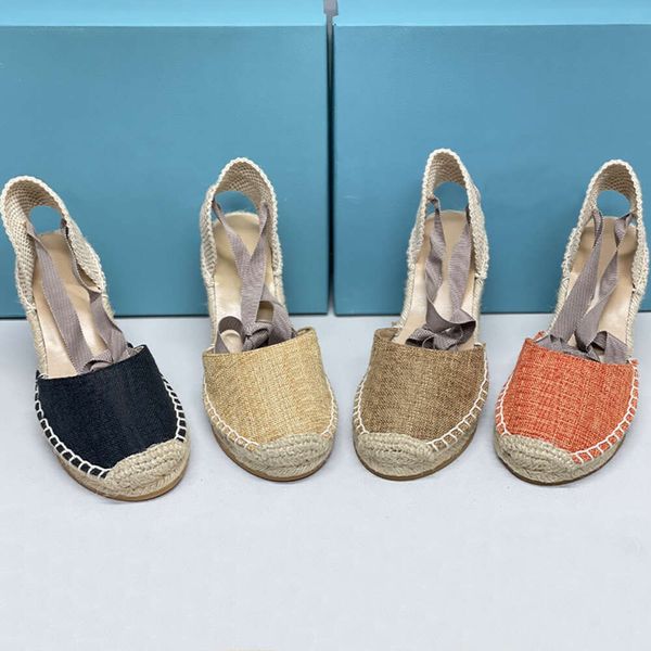 Nouvelles femmes sandales compensées designers espadrilles talons hauts en cuir plate-forme talons cheville à lacets été mode paille chaussures décontractées avec boîte 536