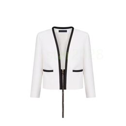 Nuevo traje de neopreno para mujer, chaqueta tipo blazer, chaqueta jacquard con cremallera, abrigo delgado, chaqueta refinada de manga larga, bolsillos recortados con ribetes en contraste, cuello en V, tops de vestir rectos