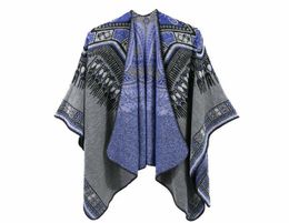 Nouveau femmes hiver ethnique motif abstrait épaissi manteau Cape Wrap Poncho châle écharpe fendu Dualuse châle Drop2663261