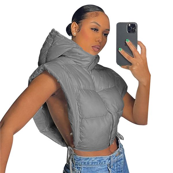 Nouvelles femmes gilets d'hiver couleur unie à capuche veste de pain sans manches gilet décontracté Parkas style streetwear à capuche haut court Puffer Zipper gilet en gros 6900