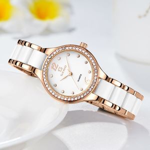 Nuevos relojes de pulsera para mujer Diseñadores de temperamento Relojes de cuarzo con diamantes Banda de cerámica de acero inoxidable Reloj de pulsera resistente al agua Oro rosa Negro para dama Calidad alta