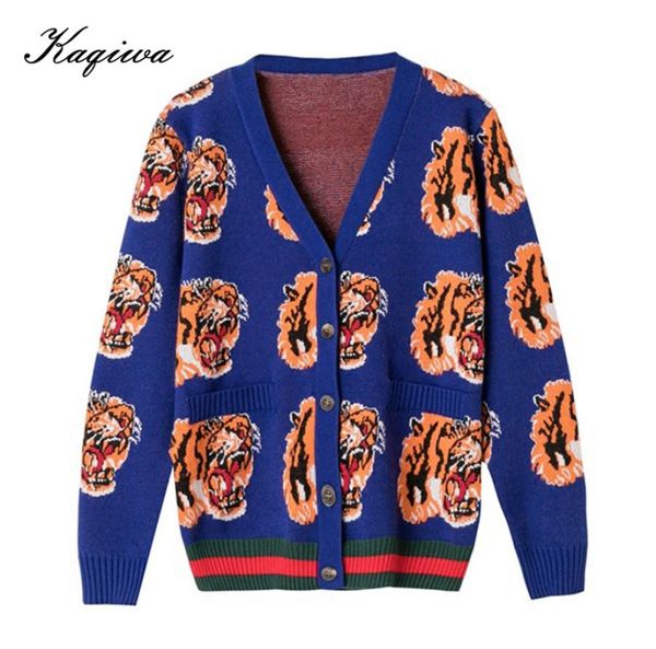 Nuevas mujeres039s abrigo corto neto rojo mismo cabeza de tigre chaqueta de punto jacquard industria pesada europea suéter de manga larga B004 Y2007202011618