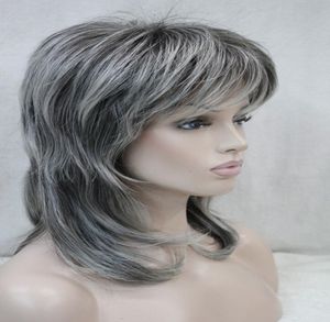 Nuevo Women039S Pelera de longitud mediana hombro en capas gris larga cabello sintético completo peluca2505567