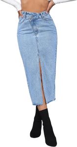 Nieuwe dames designer rok hoge taille spleet spleet casual stretch knie lengte jean rok voor vrouwen