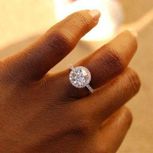 Bague de fiançailles en argent avec pierres précieuses rondes pour femmes, bijoux en diamant simulé pour mariage