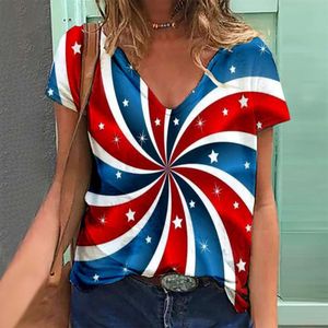 Nieuwe dames onafhankelijkheidsdag thema gedrukt v nek shirt imitatie katoen kort mouwen t -shirts voor vrouwen designer lange mouwen 0B97