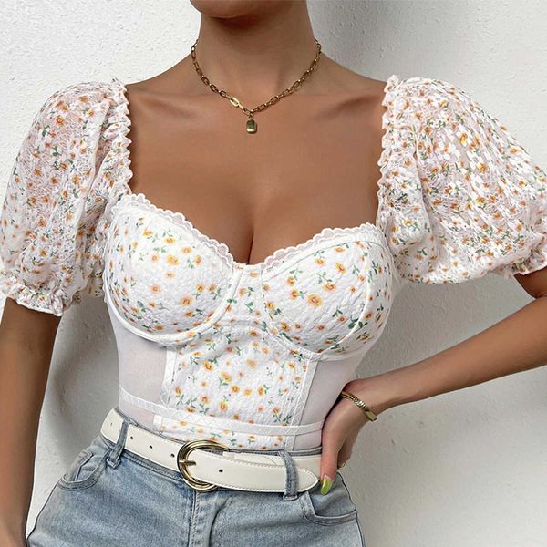 Nouveau Womens Ins Impression Petit Style Frais et Mignon Fragmenté Fleur Splice Dentelle Anneau En Acier À Manches Courtes À Bulles Deep V Body A937