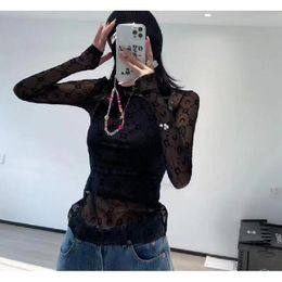 New Womens Knits tees top moon flocado impresión cuello alto suéter plegable malla transpirable estilo apretado ropa interior de manga larga camiseta sexy ropa de mujer Talla S-L