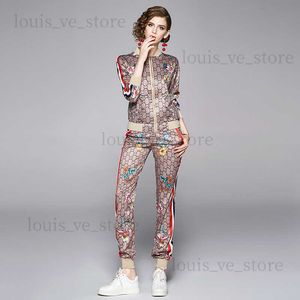 nieuwe dames sport tweedelige sets regenboog gestreepte lange mouwen print jassen lange broek 2 stuks runway bloemen dames designer tweedelige broek T230808