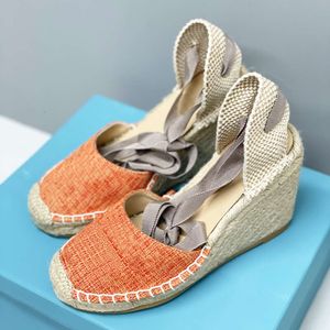 Sandales compensées pour femmes, Espadrilles de styliste à talons hauts, plateforme en cuir, chaussures à lacets à la cheville, sandales d'été avec boîte, nouvelle collection 536