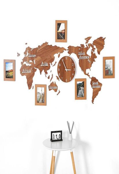 Nuevo reloj de pared digital de madera DIY mapa del mundo 3D con 3 piezas marco Po sala de estar decorativo reloj de pared de gran tamaño 130cm60cm7262810