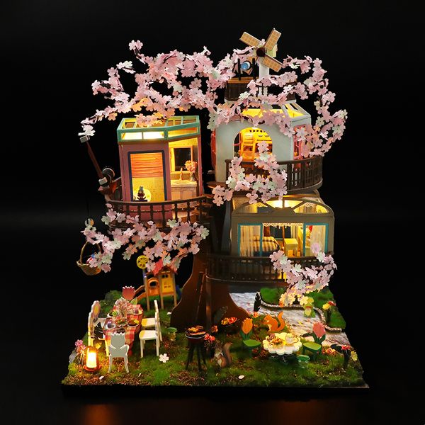 Nueva casa de muñecas de madera en miniatura con kit de muebles kit de casas de cerezo kit de ensamblaje de bricolaje juguetes para niños regalos de Navidad Casa