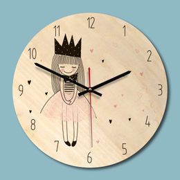 Reloj de pared con imagen impresa de madera, reloj de pared para niña encantadora, habitación para niños, silencioso, ambiental, Horloge Y200109