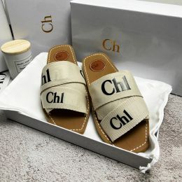 Nieuwe houten sandaalontwerper slippers Sluffy platte bodem muilezel slippers multi-colour kanten letter canva zomer thuisschoenen merk chl01 sandles maat 35-41