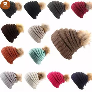 Nouvelle boule de laine tricoté chapeau unisexe bonnet crâne casquettes bonnets femmes coréen épais laine couvre-chef extérieur chaud wjy591